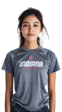 Person wearing a gray 'Indiana' t-shirt with a logo on a white background