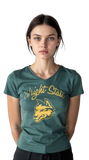 Woman wearing a green t-shirt with 'Wright State' and a wolf logo on a white background