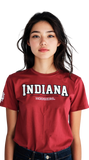 Person wearing a red 'Indiana Hoosiers' t-shirt on a white background