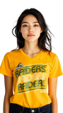 Woman wearing a yellow t-shirt with 'RAIDERS' text on a white background