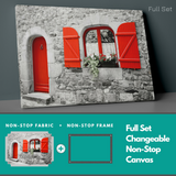 Monochrome Stone House with Red Shutters and Flowers in Black and White insigne Wrapped Wall Art Picture Print Canvas