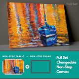 Oil Painting Blue Boat Sunset reflection Orange View Sea Modern Impressionism insigne Wrapped Wall Art Picture Print Canvas