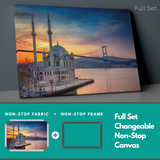 Ortakoy Mosque, Istanbul and Bosphorus Bridge at Sunset with Blue and Orange Sky Marmara Sea and Sun Reflection insigne Wrapped Wall Art Picture Print Canvas