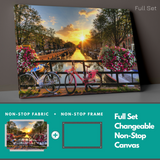 Amsterdam, Netherland Canal, Boats, Cars Pink and White Flowers at Sunset with Blue and Pink Bikes insigne Wrapped Wall Art Picture Print Canvas