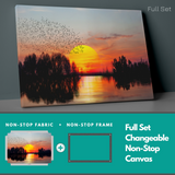Colorful Landscape Sunset, Trees, Lake and Birds Blue and Orange Color Sky insigne Wrapped Wall Art Picture Print Canvas