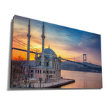Ortakoy Mosque, Istanbul and Bosphorus Bridge at Sunset with Blue and Orange Sky Marmara Sea and Sun Reflection insigne Wrapped Wall Art Picture Print Canvas